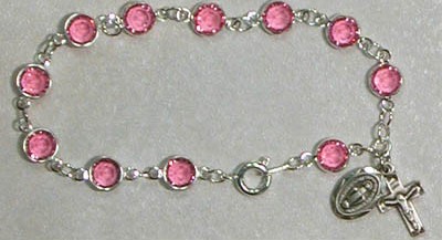 Sterling Silver Rosary Bracelet with Pink Austrian Crystal Beads - Pink