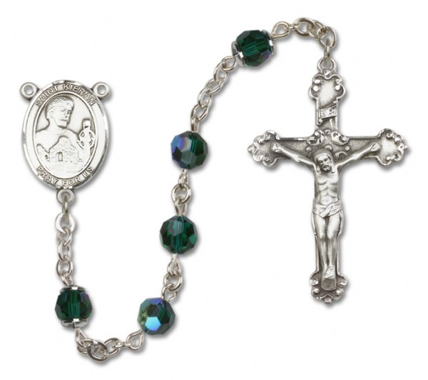 St. Kieran Sterling Silver Heirloom Rosary Fancy Crucifix - Emerald Green