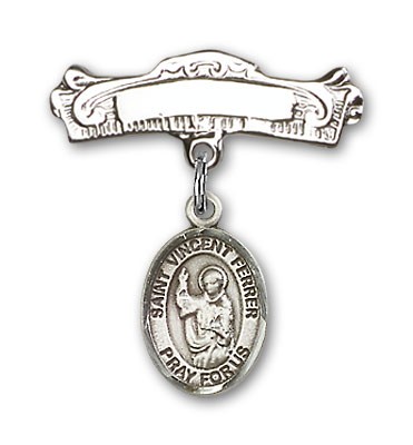 Pin Badge with St. Vincent Ferrer Charm and Arched Polished Engravable Badge Pin - Silver tone