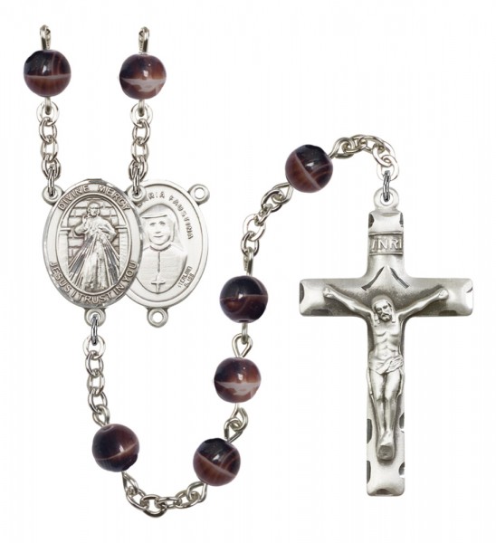 Men's Divine Mercy Silver Plated Rosary - Brown