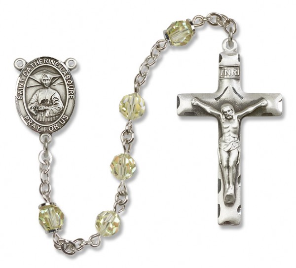 St. Catherine Laboure Sterling Silver Heirloom Rosary Squared Crucifix - Zircon