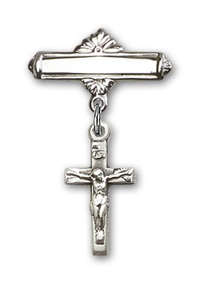 Pin Badge with Crucifix Charm and Polished Engravable Badge Pin - Silver tone