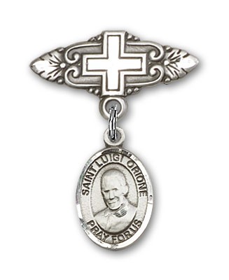 Pin Badge with St. Luigi Orione Charm and Badge Pin with Cross - Silver tone