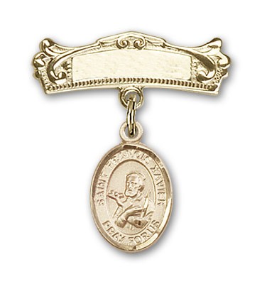 Pin Badge with St. Francis Xavier Charm and Arched Polished Engravable Badge Pin - 14K Solid Gold