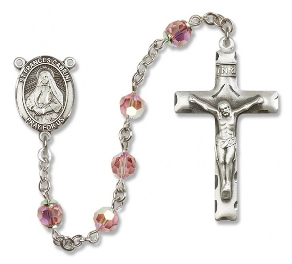 St. Frances Cabrini Sterling Silver Heirloom Rosary Squared Crucifix - Light Rose