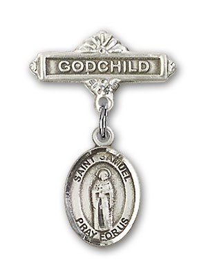 Pin Badge with St. Samuel Charm and Godchild Badge Pin - Silver tone