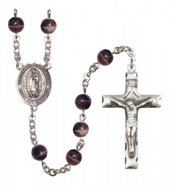 Men's Virgen de Guadalupe Silver Plated Rosary - Brown