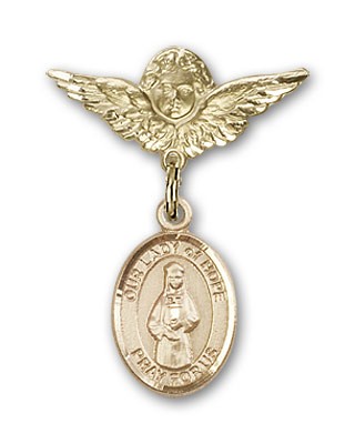Pin Badge with Our Lady of Hope Charm and Angel with Smaller Wings Badge Pin - 14K Solid Gold