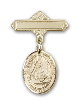 Pin Badge with St. Edburga of Winchester Charm and Polished Engravable Badge Pin - 14K Solid Gold