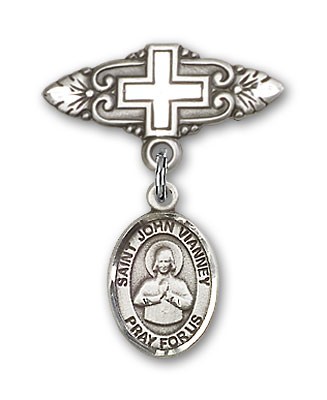 Pin Badge with St. John Vianney Charm and Badge Pin with Cross - Silver tone