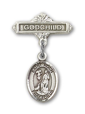 Pin Badge with St. Roch Charm and Godchild Badge Pin - Silver tone