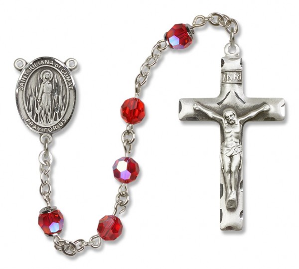 St. Juliana Sterling Silver Heirloom Rosary Squared Crucifix - Ruby Red