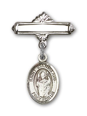 Pin Badge with St. Stanislaus Charm and Polished Engravable Badge Pin - Silver tone