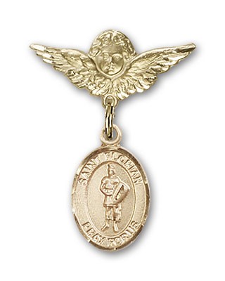 Pin Badge with St. Florian Charm and Angel with Smaller Wings Badge Pin - 14K Solid Gold