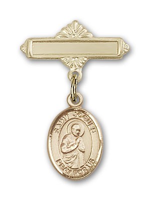 Pin Badge with St. Isaac Jogues Charm and Polished Engravable Badge Pin - Gold Tone