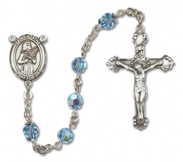 St. Agatha Sterling Silver Heirloom Rosary Fancy Crucifix - Aqua