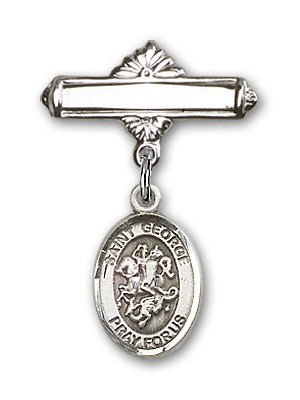 Pin Badge with St. George Charm and Polished Engravable Badge Pin - Silver tone