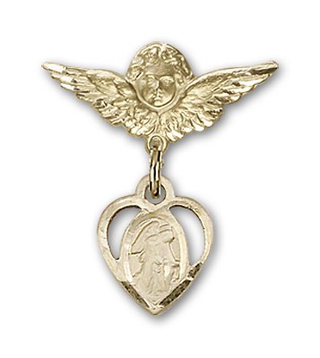 Pin Badge with Guardian Angel Charm and Angel with Smaller Wings Badge Pin - Gold Tone