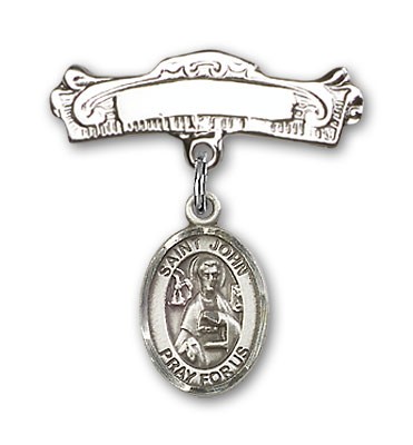 Pin Badge with St. John the Apostle Charm and Arched Polished Engravable Badge Pin - Silver tone