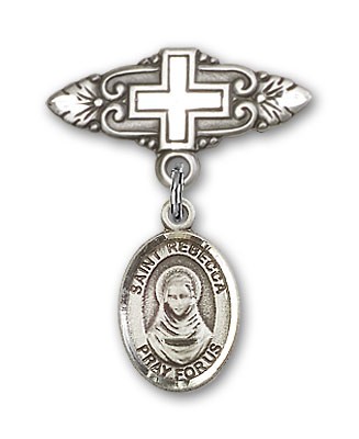 Pin Badge with St. Rebecca Charm and Badge Pin with Cross - Silver tone
