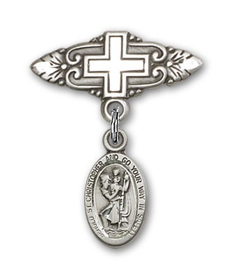Pin Badge with St. Christopher Charm and Badge Pin with Cross - Sterling Silver