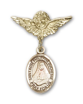 Pin Badge with St. Rose Philippine Charm and Angel with Smaller Wings Badge Pin - Gold Tone