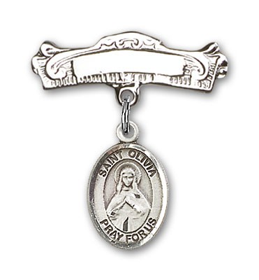 Pin Badge with St. Olivia Charm and Arched Polished Engravable Badge Pin - Silver tone