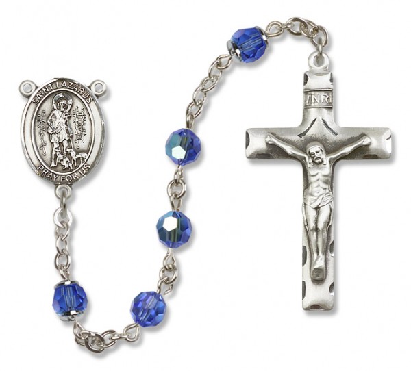 St. Lazarus Sterling Silver Heirloom Rosary Squared Crucifix - Sapphire