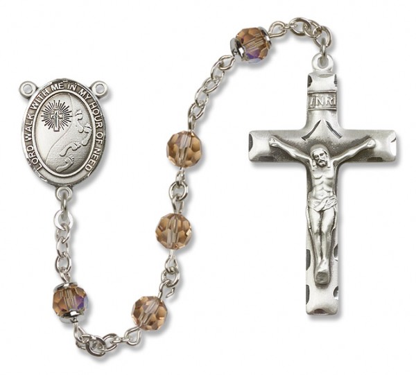 Footprints Cross Sterling Silver Heirloom Rosary Squared Crucifix - Topaz