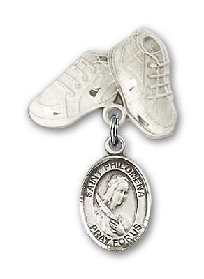 Pin Badge with St. Philomena Charm and Baby Boots Pin - Silver tone