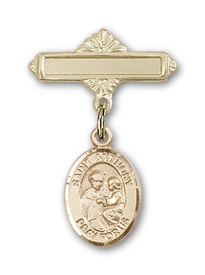 Pin Badge with St. Anthony of Padua Charm and Polished Engravable Badge Pin - 14K Solid Gold