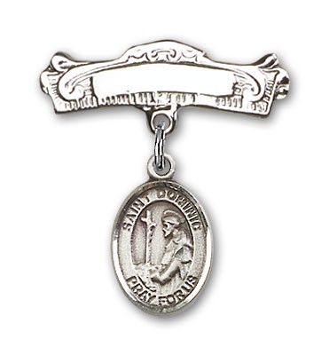 Pin Badge with St. Dominic de Guzman Charm and Arched Polished Engravable Badge Pin - Silver tone