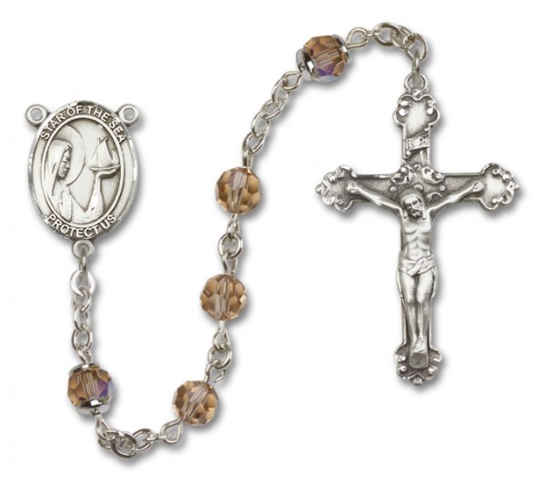 Our Lady of the Sea Sterling Silver Heirloom Rosary Fancy Crucifix - Topaz