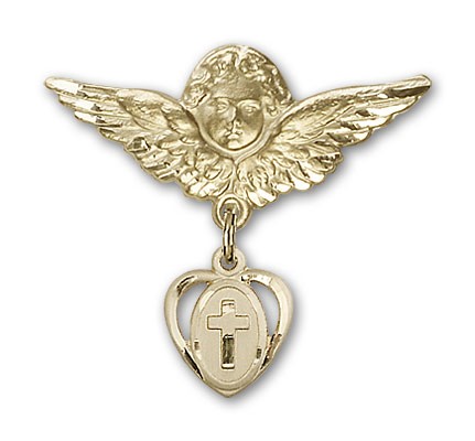 Pin Badge with Cross Charm and Angel with Larger Wings Badge Pin - 14K Solid Gold