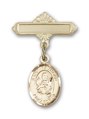 Pin Badge with St. Raymond Nonnatus Charm and Polished Engravable Badge Pin - Gold Tone