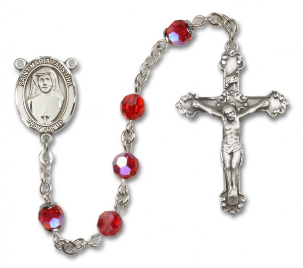St. Maria Faustina Sterling Silver Heirloom Rosary Fancy Crucifix - Ruby Red