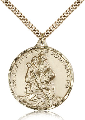 Men's Large Round Saint Christopher Necklace - 14KT Gold Filled