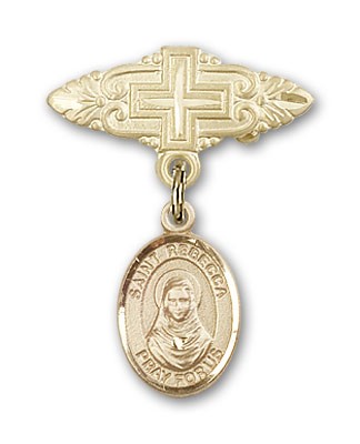 Pin Badge with St. Rebecca Charm and Badge Pin with Cross - Gold Tone