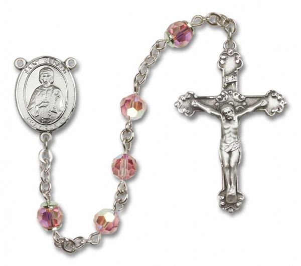 St. Gerard Sterling Silver Heirloom Rosary Fancy Crucifix - Light Rose