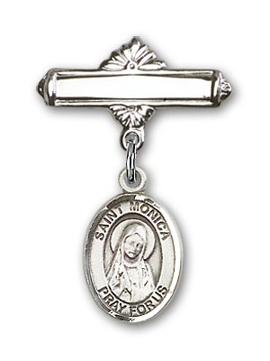 Pin Badge with St. Monica Charm and Polished Engravable Badge Pin - Silver tone