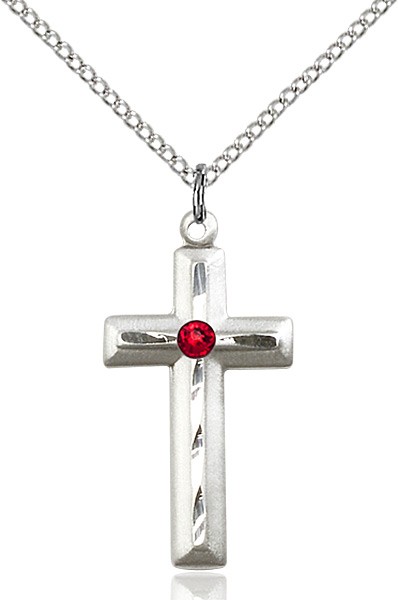 Matte and Polished Cross Pendant with Birthstone Options - Ruby Red