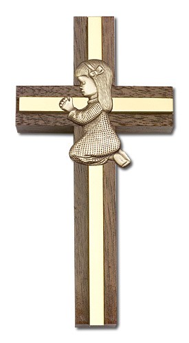 Praying Girl Cross in Walnut 4&quot; with Metal Inlay - Gold Tone