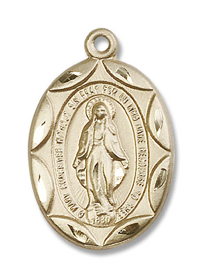 Large Blue Enamel Miraculous Medal Necklace - 14K Solid Gold