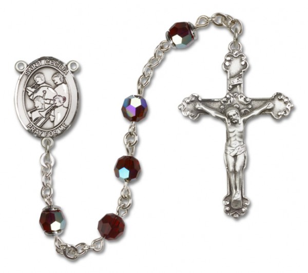 St. Cecilia with Marching Band Sterling Silver Heirloom Rosary Fancy Crucifix - Garnet
