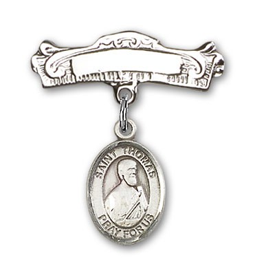 Pin Badge with St. Thomas the Apostle Charm and Arched Polished Engravable Badge Pin - Silver tone