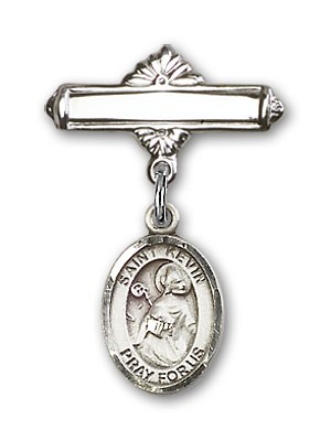 Pin Badge with St. Kevin Charm and Polished Engravable Badge Pin - Silver tone