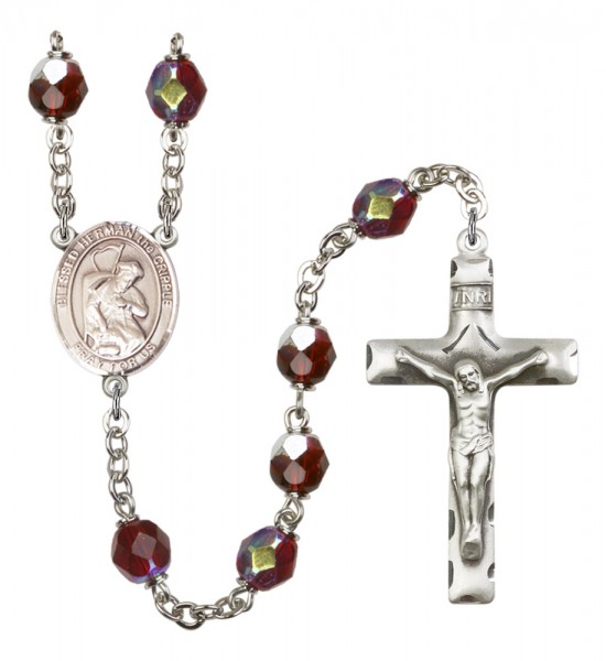 Men's Blessed Herman the Cripple Silver Plated Rosary - Garnet
