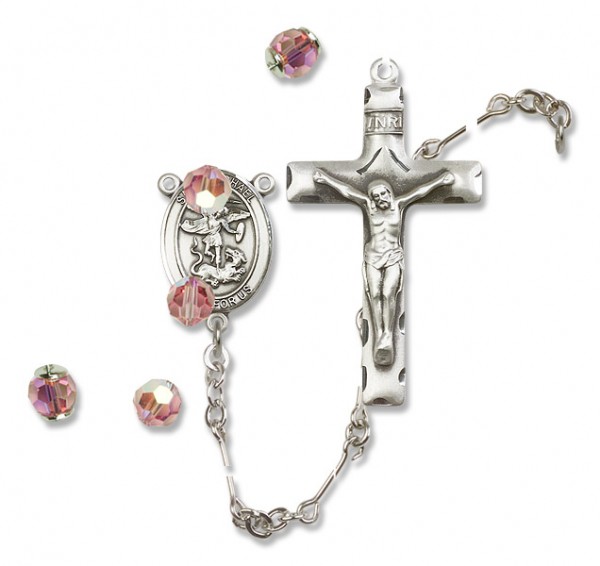 St. Michael the Archangel Sterling Silver Heirloom Rosary Squared Crucifix - Light Rose