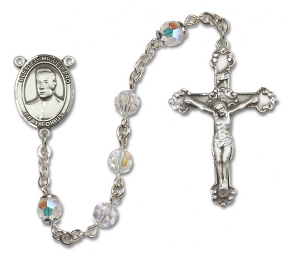 Blessed Miguel Pro Sterling Silver Heirloom Rosary Fancy Crucifix - Crystal