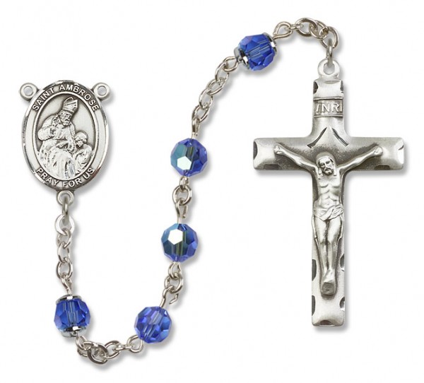 St. Ambrose Sterling Silver Heirloom Rosary Squared Crucifix - Sapphire
